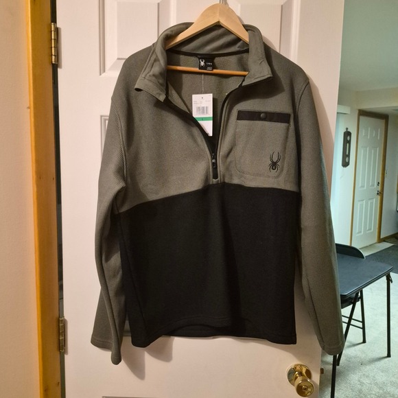 Spyder Men Tea Leaf Green Black 1/4 Zip Waffle Knit Pullover Fleece SPFGD183-300
